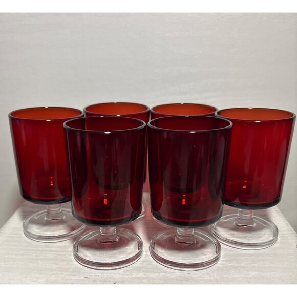 Set Of 6 Vintage Rudy Red Glass Pedestal Cups 3.75” Tall France - Picture 2 of 9